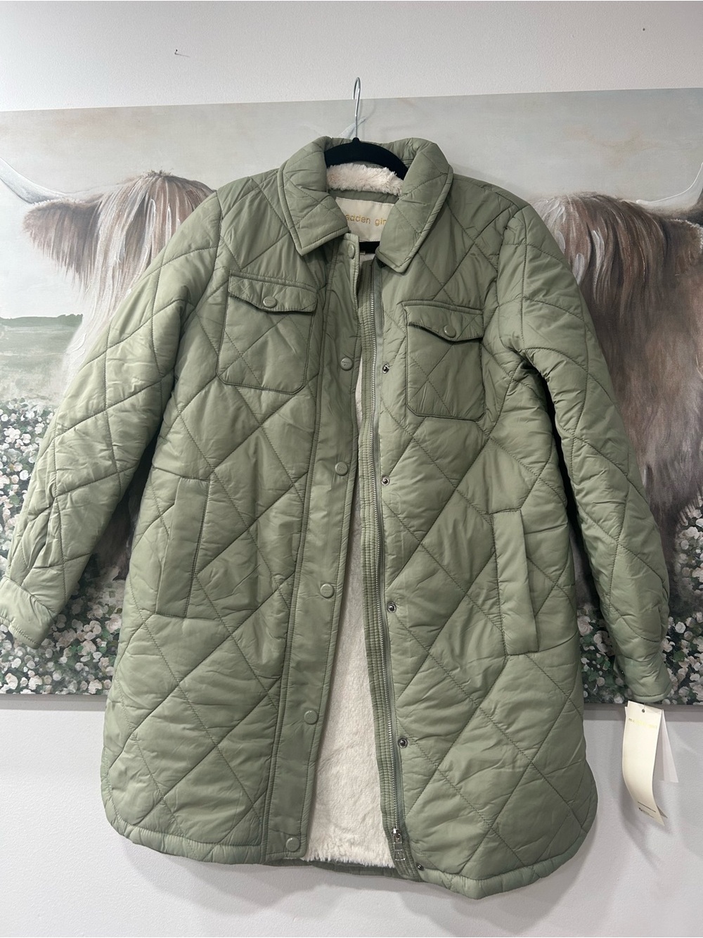 Madden Girl Sage Green Long Quilted Coat